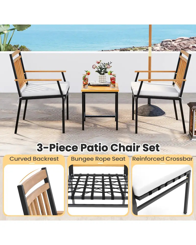 3 Pieces Outdoor Furniture Set Acacia Wood Patio Conversation Set with Cushions-White - White - Patio Conversation Sets