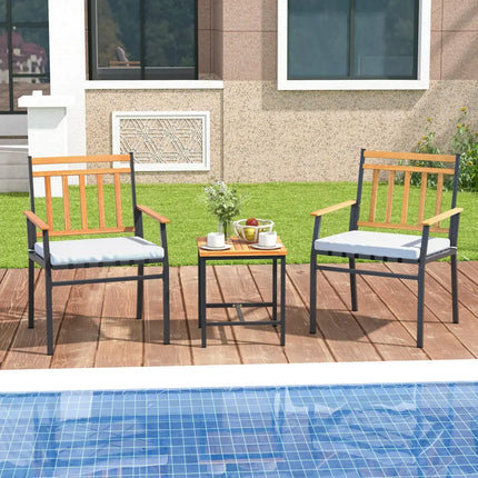 3 Pieces Outdoor Furniture Set Acacia Wood Patio Conversation Set with Cushions-White - White - Patio Conversation Sets
