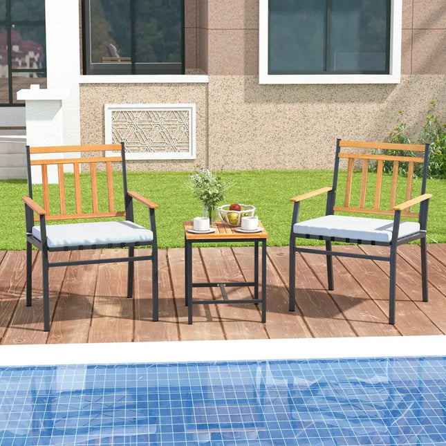 3 Pieces Outdoor Furniture Set Acacia Wood Patio Conversation Set with Cushions-White - White - Patio Conversation Sets