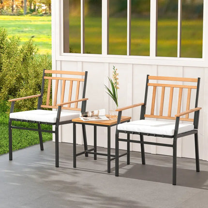 3 Pieces Outdoor Furniture Set Acacia Wood Patio Conversation Set with Cushions-White - White - Patio Conversation Sets
