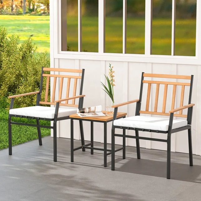 3 Pieces Outdoor Furniture Set Acacia Wood Patio Conversation Set with Cushions-White - White - Patio Conversation Sets