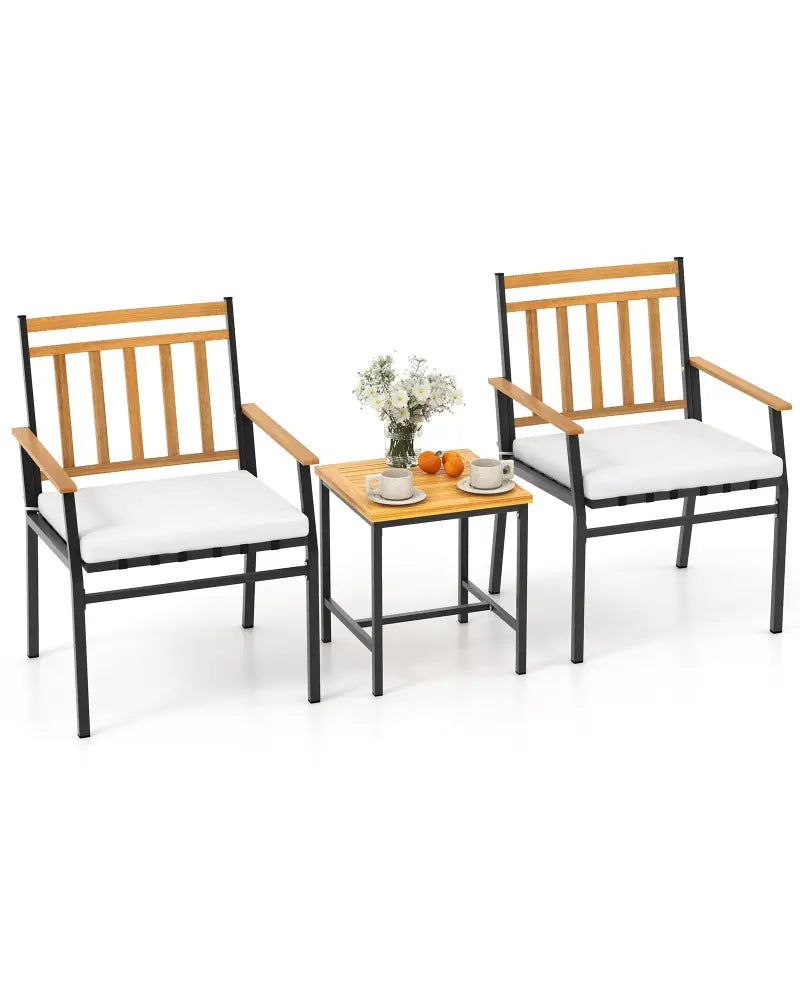 3 Pieces Outdoor Furniture Set Acacia Wood Patio Conversation Set with Cushions-White - White - Patio Conversation Sets