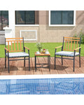 3 Pieces Outdoor Furniture Set Acacia Wood Patio Conversation Set with Cushions-White - White - Patio Conversation Sets