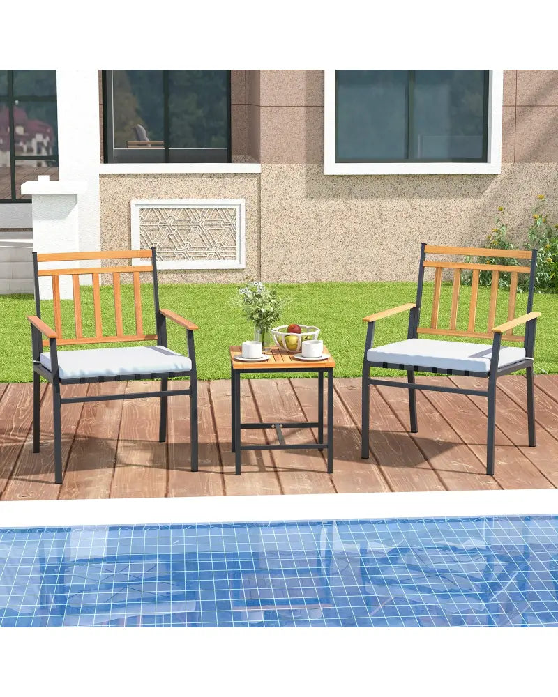 3 Pieces Outdoor Furniture Set Acacia Wood Patio Conversation Set with Cushions-White - White - Patio Conversation Sets