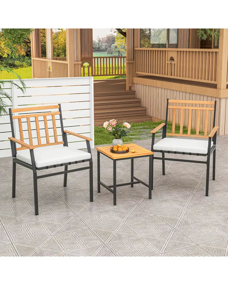 3 Pieces Outdoor Furniture Set Acacia Wood Patio Conversation Set with Cushions-White - White - Patio Conversation Sets