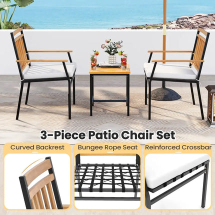 3 Pieces Outdoor Furniture Set Acacia Wood Patio Conversation Set with Cushions-White - White - Patio Conversation Sets
