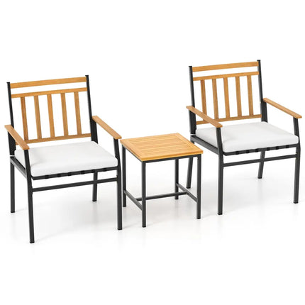 3 Pieces Outdoor Furniture Set Acacia Wood Patio Conversation Set with Cushions-White - White - Patio Conversation Sets