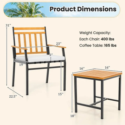 3 Pieces Outdoor Furniture Set Acacia Wood Patio Conversation Set with Cushions-White - White - Patio Conversation Sets