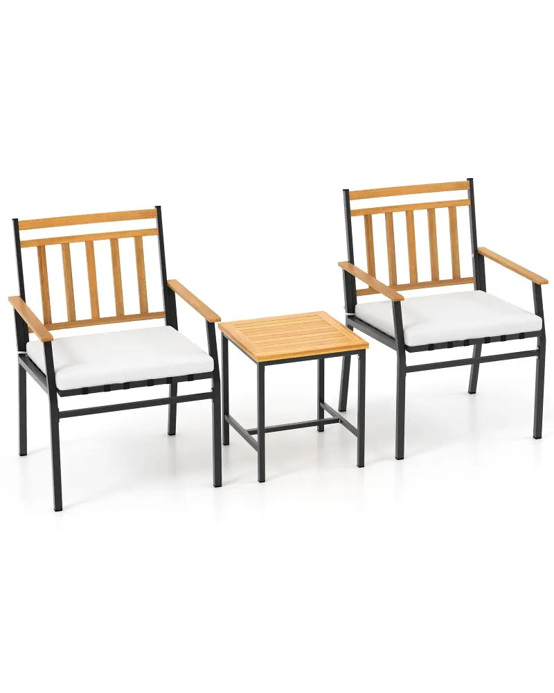 3 Pieces Outdoor Furniture Set Acacia Wood Patio Conversation Set with Cushions-White - White - Patio Conversation Sets