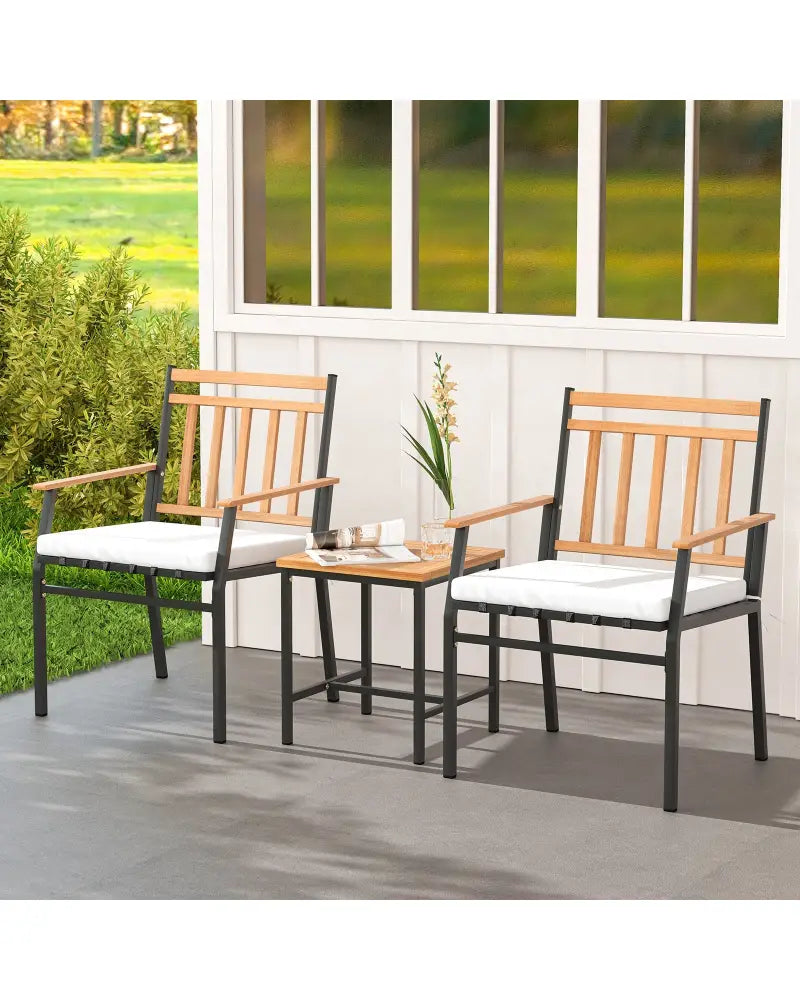 3 Pieces Outdoor Furniture Set Acacia Wood Patio Conversation Set with Cushions-White - White - Patio Conversation Sets