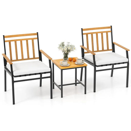 3 Pieces Outdoor Furniture Set Acacia Wood Patio Conversation Set with Cushions-White - White - Patio Conversation Sets