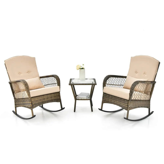 3 Pieces Outdoor Hand-Woven PE Rattan Conversation Set with Tempered Glass Side Table-Beige - Beige - Patio