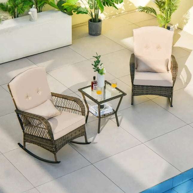 3 Pieces Outdoor Hand-Woven PE Rattan Conversation Set with Tempered Glass Side Table-Beige - Beige - Patio