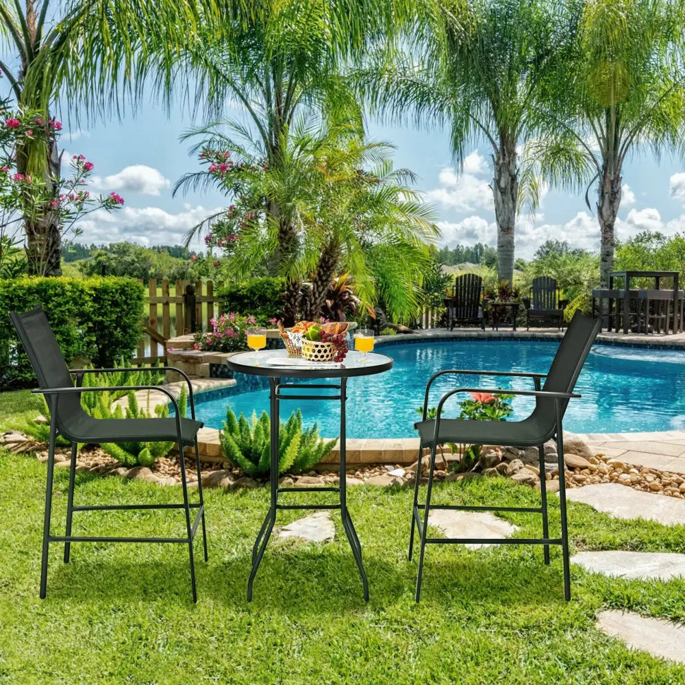 3 Pieces Outdoor Patio Bar Table Stool Set-Black - Black - Patio Conversation Sets