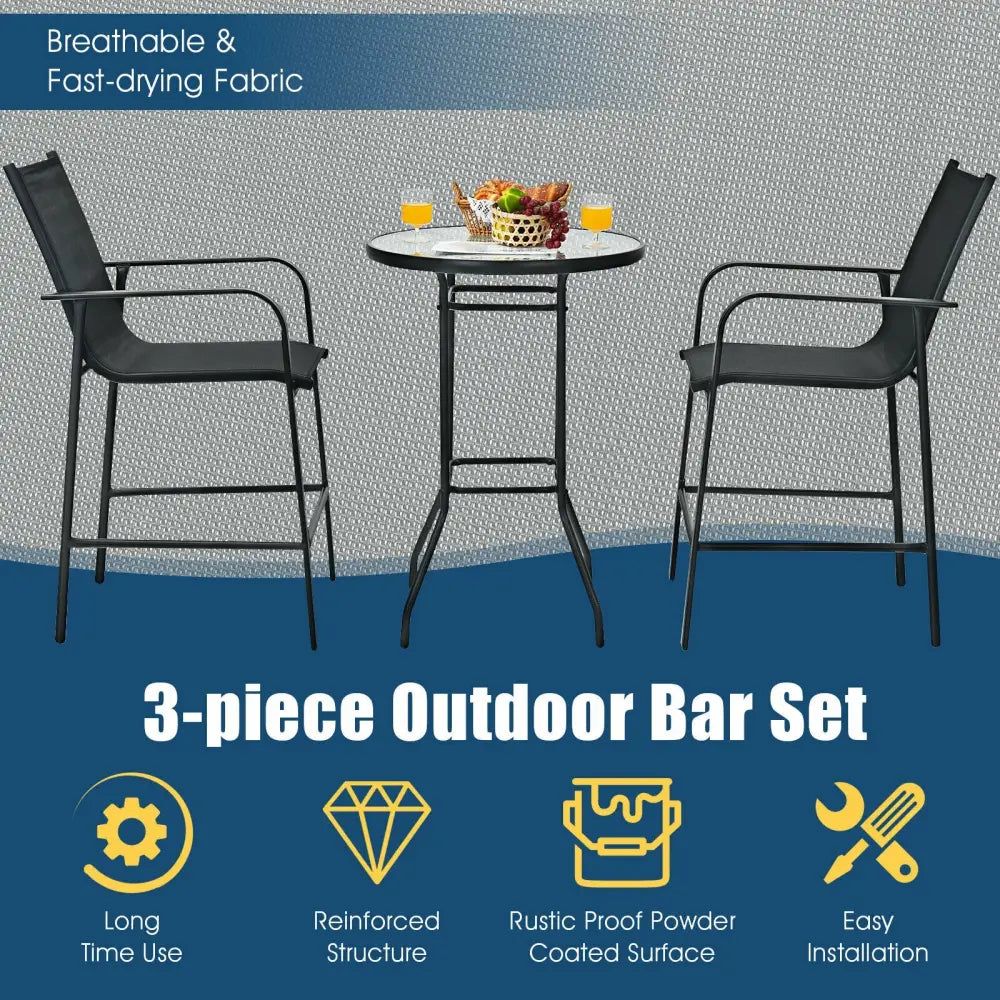 3 Pieces Outdoor Patio Bar Table Stool Set-Black - Black - Patio Conversation Sets