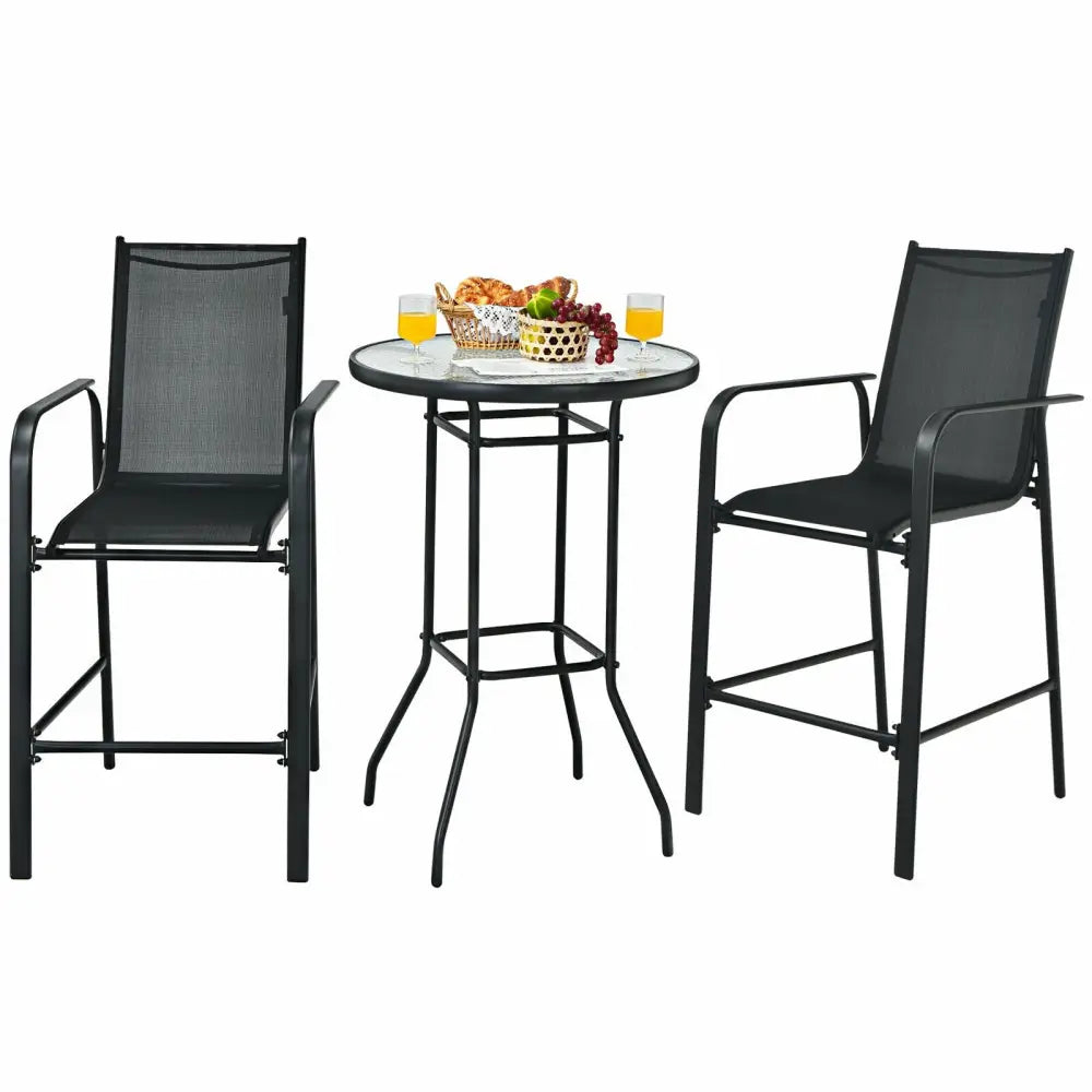 3 Pieces Outdoor Patio Bar Table Stool Set-Black - Black - Patio Conversation Sets