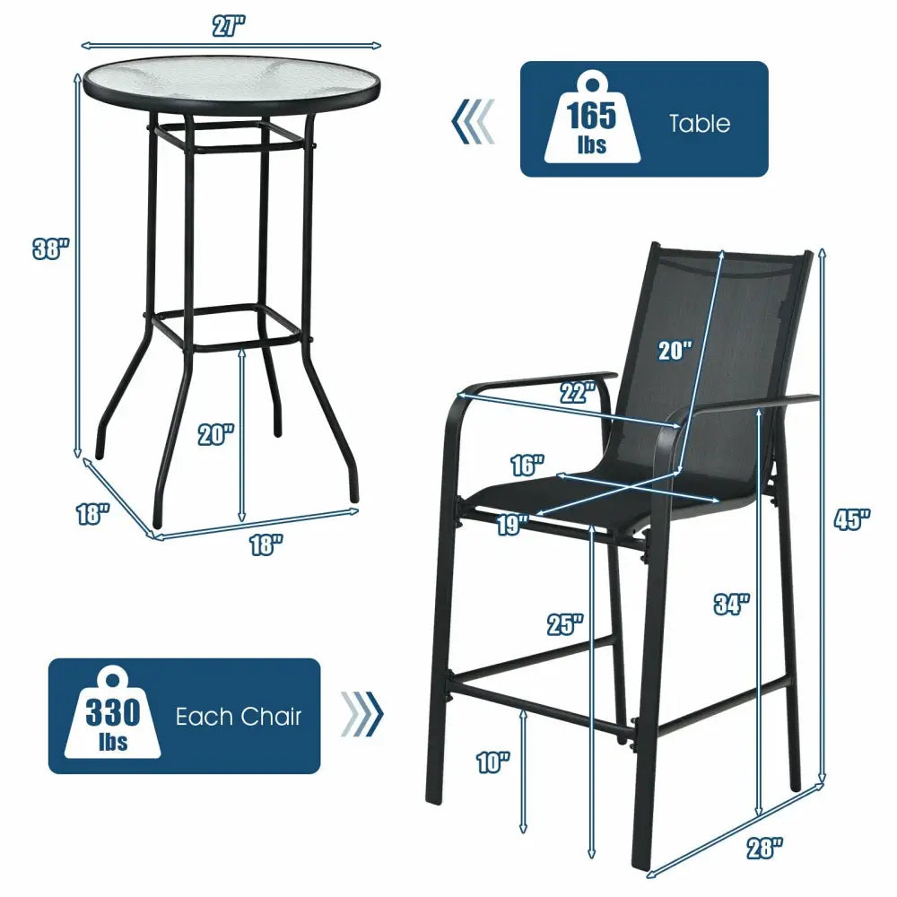 3 Pieces Outdoor Patio Bar Table Stool Set-Black - Black - Patio Conversation Sets