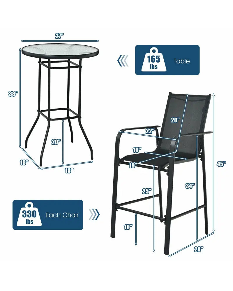 3 Pieces Outdoor Patio Bar Table Stool Set-Black - Black - Patio Conversation Sets