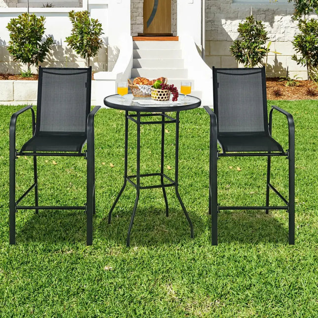 3 Pieces Outdoor Patio Bar Table Stool Set-Black - Black - Patio Conversation Sets