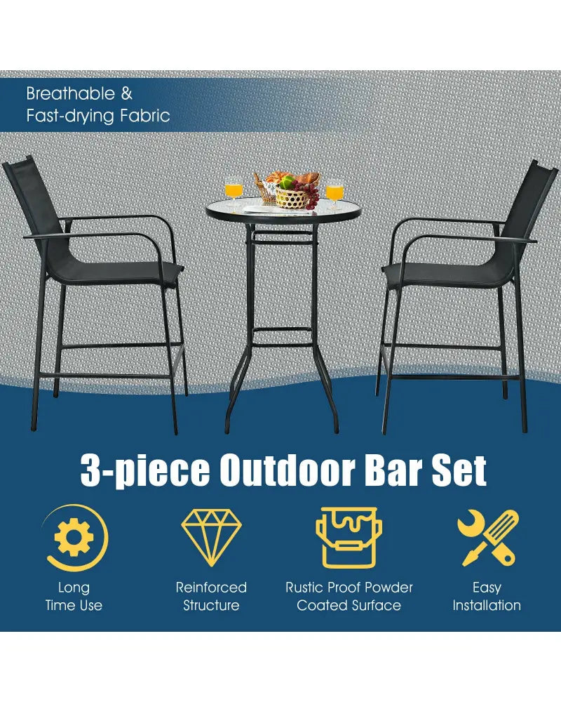 3 Pieces Outdoor Patio Bar Table Stool Set-Black - Black - Patio Conversation Sets