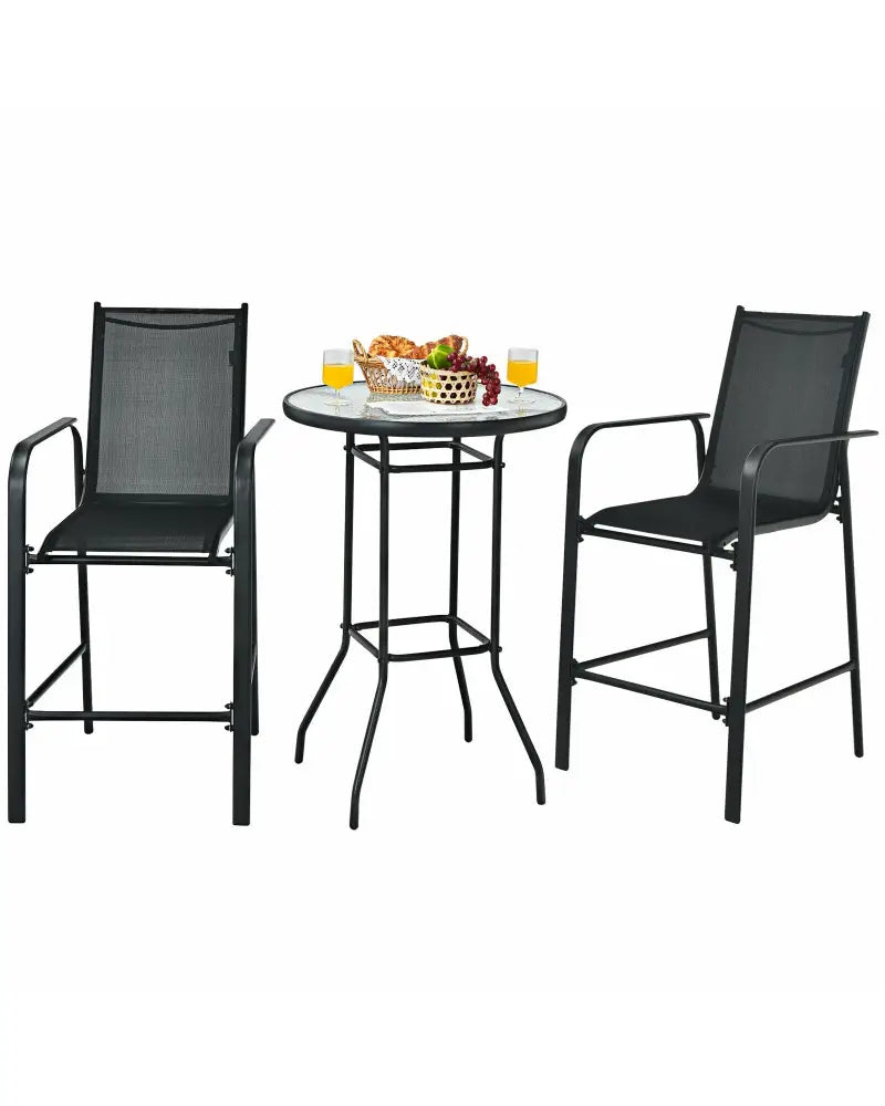 3 Pieces Outdoor Patio Bar Table Stool Set-Black - Black - Patio Conversation Sets