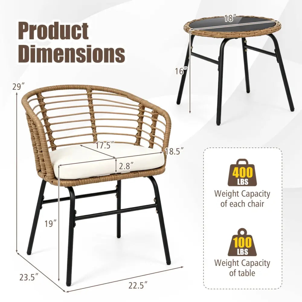 3 Pieces Outdoor Patio Furniture Set with Soft Cushions-White - White - Patio Conversation Sets