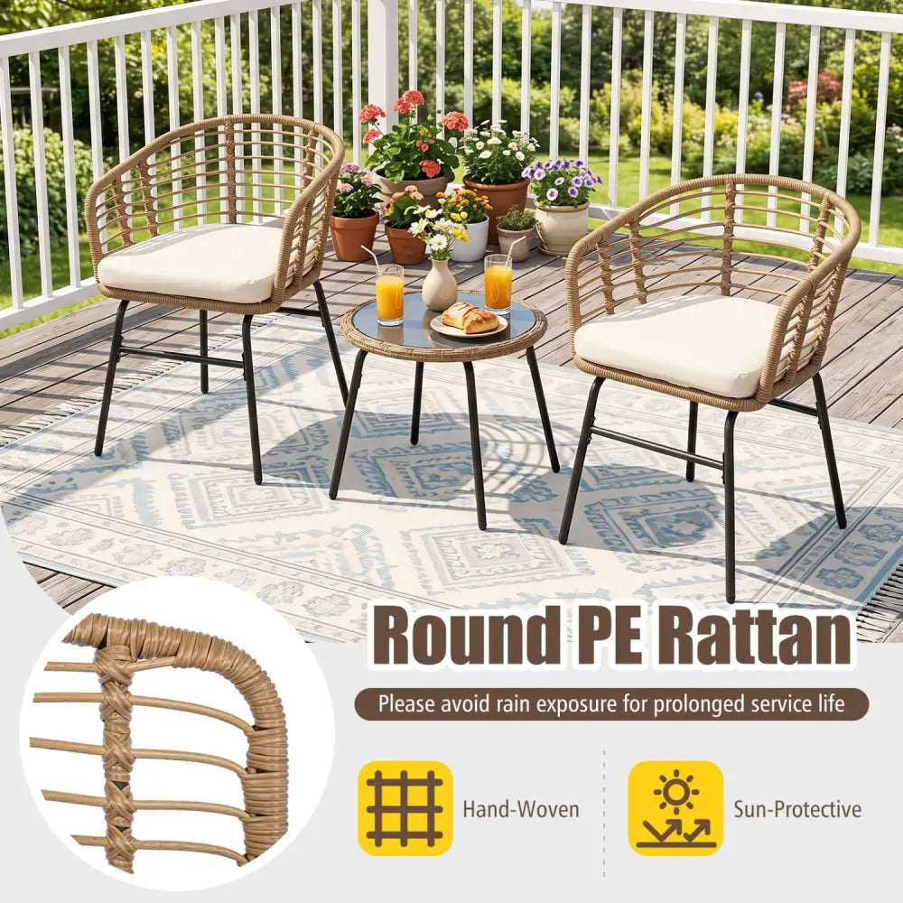 3 Pieces Outdoor Patio Furniture Set with Soft Cushions-White - White - Patio Conversation Sets