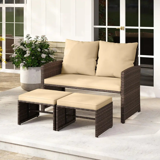 3 Pieces Outdoor Patio PE Wicker Furniture Set with Cushions-Beige - Beige - Patio Conversation Sets
