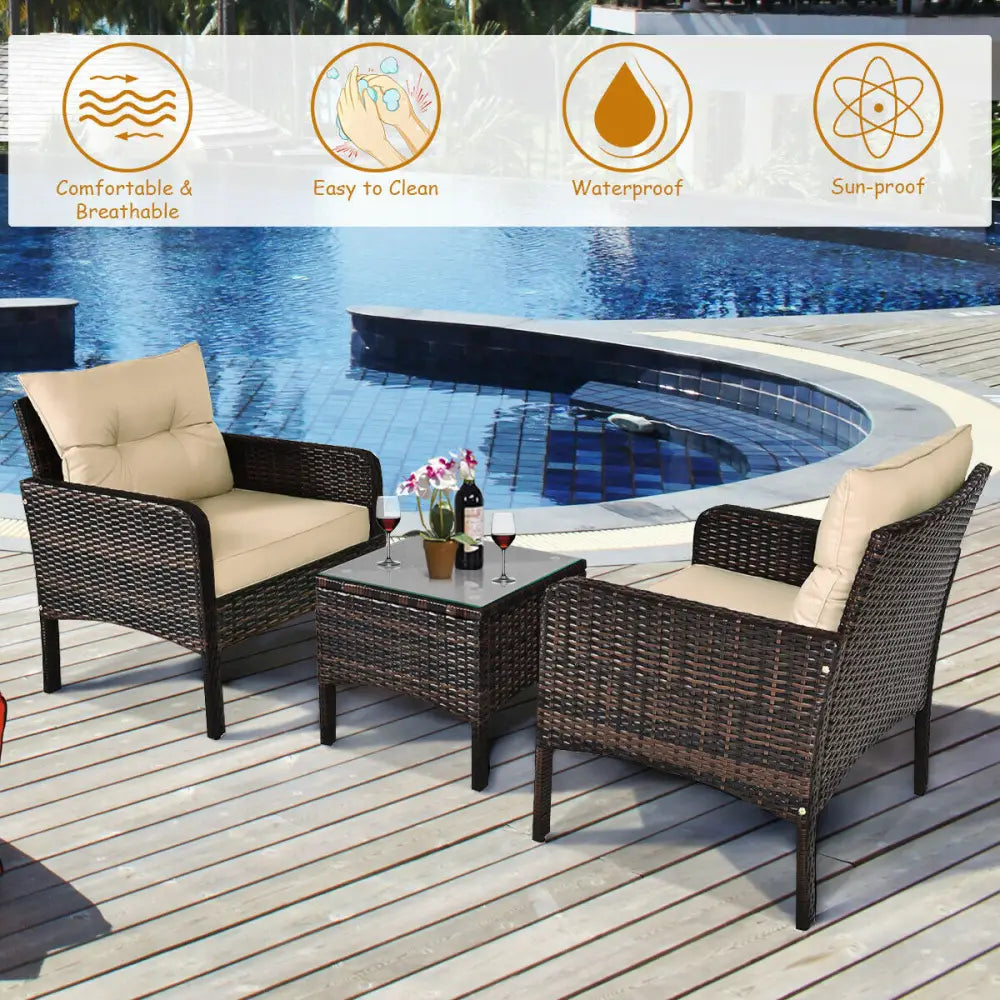 3 Pieces Outdoor Patio Rattan Conversation Set with Seat Cushions-Beige - Beige - Patio Conversation Sets