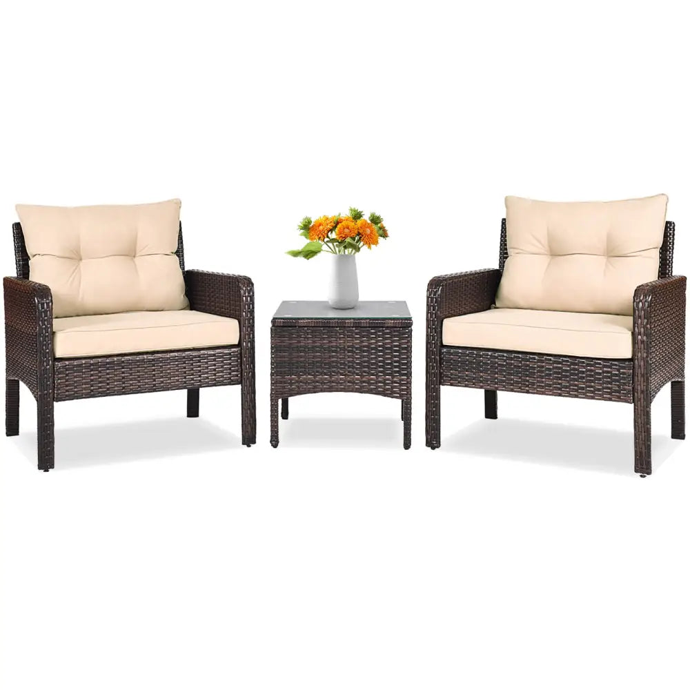 3 Pieces Outdoor Patio Rattan Conversation Set with Seat Cushions-Beige - Beige - Patio Conversation Sets