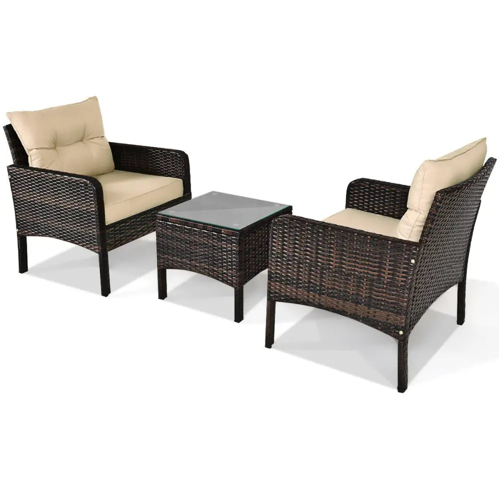 3 Pieces Outdoor Patio Rattan Conversation Set with Seat Cushions-Beige - Beige - Patio Conversation Sets