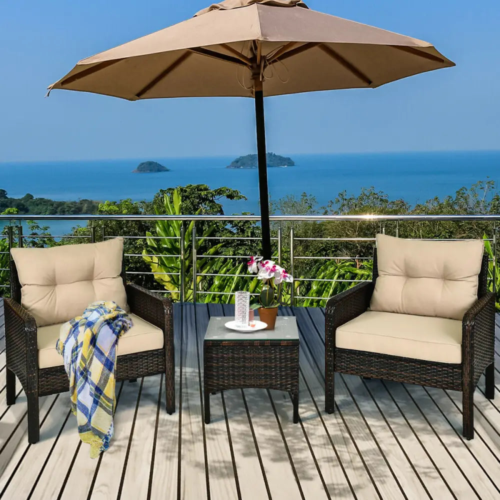 3 Pieces Outdoor Patio Rattan Conversation Set with Seat Cushions-Beige - Beige - Patio Conversation Sets