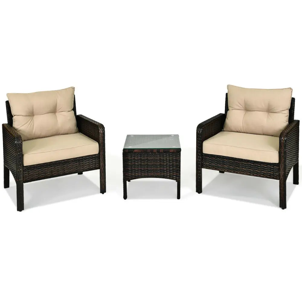 3 Pieces Outdoor Patio Rattan Conversation Set with Seat Cushions-Beige - Beige - Patio Conversation Sets