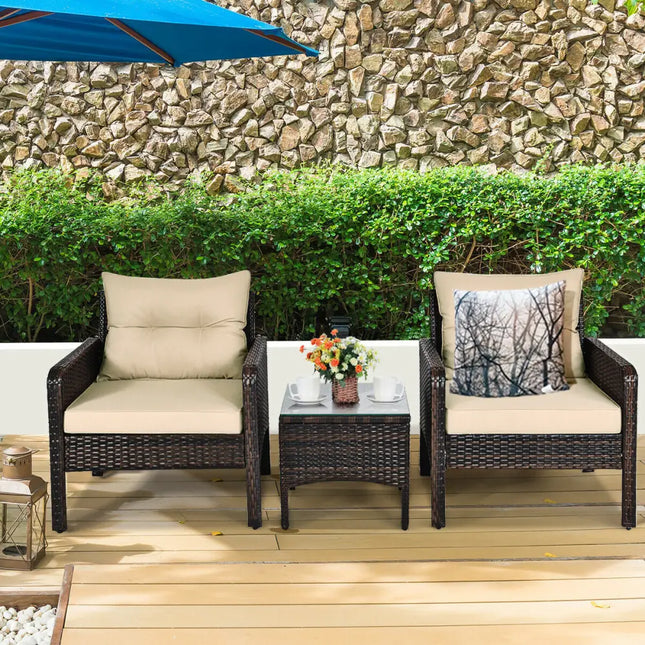 3 Pieces Outdoor Patio Rattan Conversation Set with Seat Cushions-Beige - Beige - Patio Conversation Sets