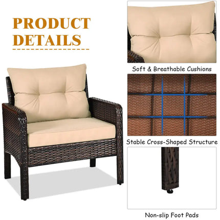 3 Pieces Outdoor Patio Rattan Conversation Set with Seat Cushions-Beige - Beige - Patio Conversation Sets