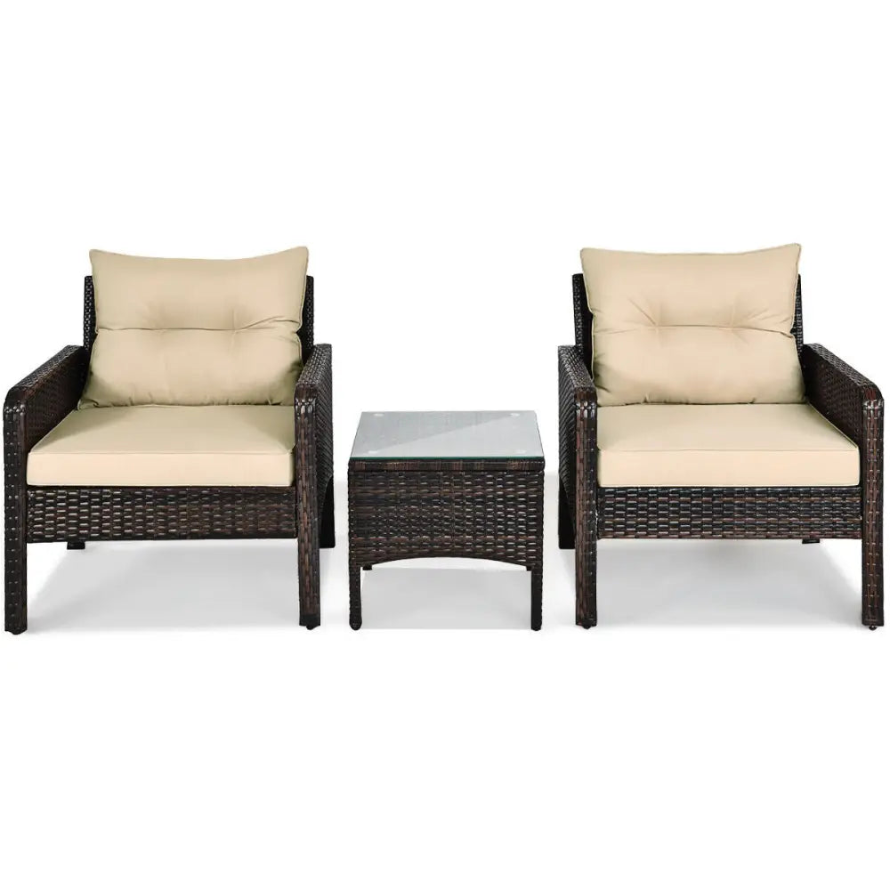 3 Pieces Outdoor Patio Rattan Conversation Set with Seat Cushions-Beige - Beige - Patio Conversation Sets