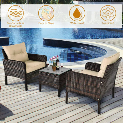 3 Pieces Outdoor Patio Rattan Conversation Set with Seat Cushions-Beige - Beige - Patio Conversation Sets