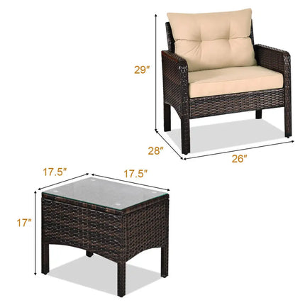 3 Pieces Outdoor Patio Rattan Conversation Set with Seat Cushions-Beige - Beige - Patio Conversation Sets