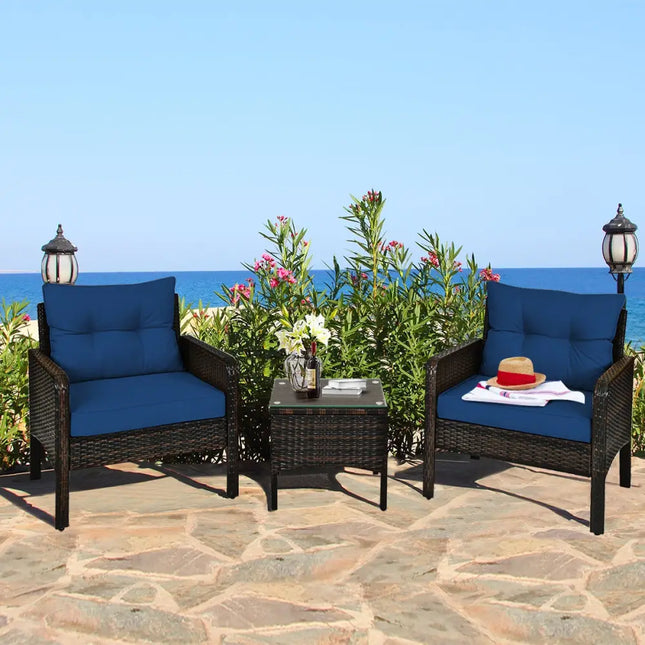 3 Pieces Outdoor Patio Rattan Conversation Set with Seat Cushions-Navy - Navy - Patio Conversation Sets