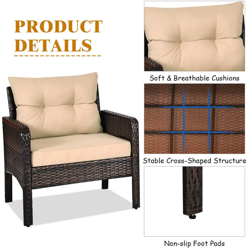 3 Pieces Outdoor Patio Rattan Conversation Set with Seat Cushions-Beige - Beige - Patio Conversation Sets