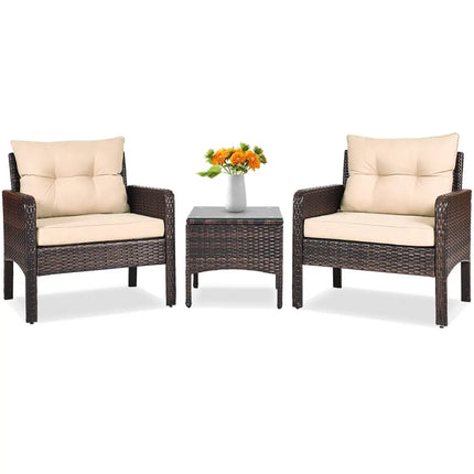 3 Pieces Outdoor Patio Rattan Conversation Set with Seat Cushions-Beige - Beige - Patio Conversation Sets
