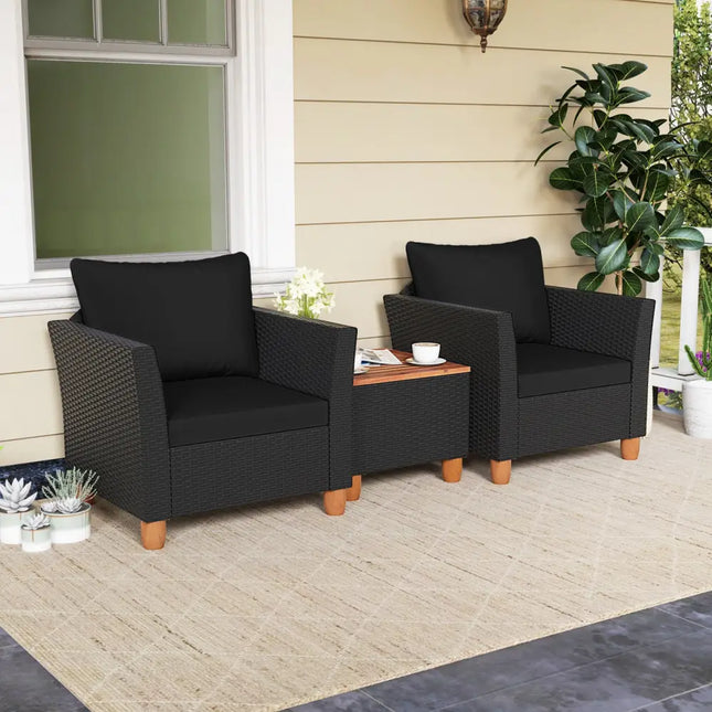 3 Pieces Outdoor Patio Rattan Furniture Set-Black - Black - Patio Conversation Sets