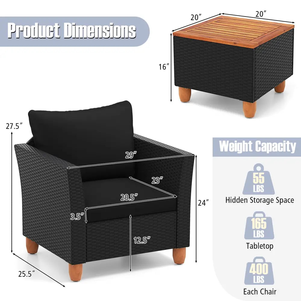 3 Pieces Outdoor Patio Rattan Furniture Set-Black - Black - Patio Conversation Sets