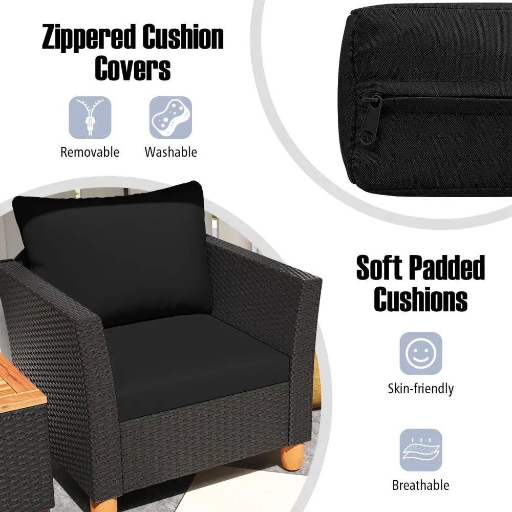 3 Pieces Outdoor Patio Rattan Furniture Set-Black - Black - Patio Conversation Sets