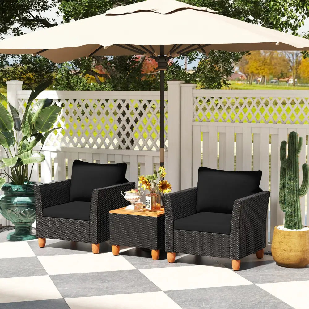 3 Pieces Outdoor Patio Rattan Furniture Set-Black - Black - Patio Conversation Sets