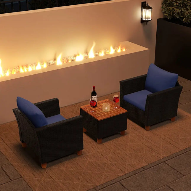 3 Pieces Outdoor Patio Rattan Furniture Set-Navy - Navy - Patio Conversation Sets