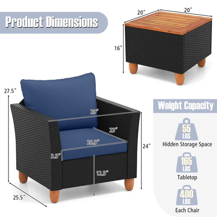 3 Pieces Outdoor Patio Rattan Furniture Set-Navy - Navy - Patio Conversation Sets