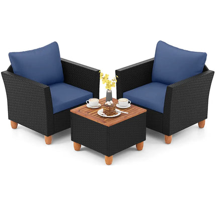 3 Pieces Outdoor Patio Rattan Furniture Set-Navy - Navy - Patio Conversation Sets