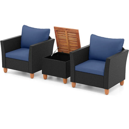 3 Pieces Outdoor Patio Rattan Furniture Set-Navy - Navy - Patio Conversation Sets