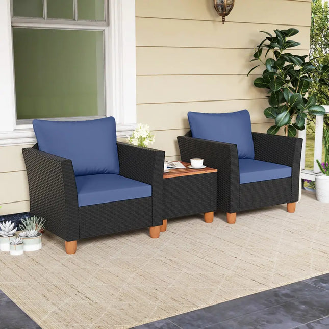3 Pieces Outdoor Patio Rattan Furniture Set-Navy - Navy - Patio Conversation Sets